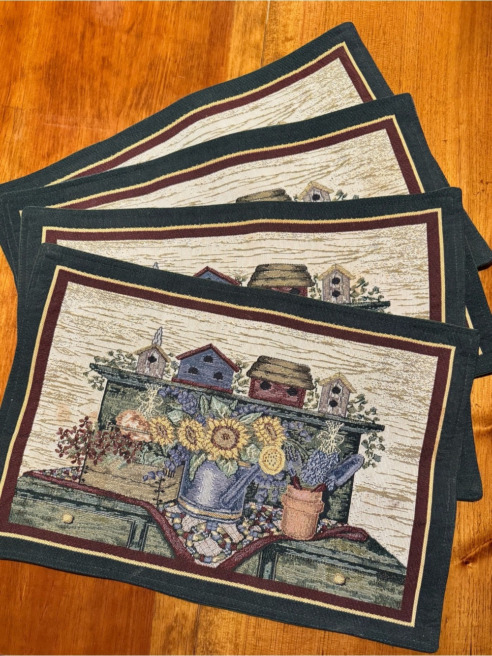 Placemats (4) Tapestry Watering Can Sunflower Birdhouse Green Floral Table Linen